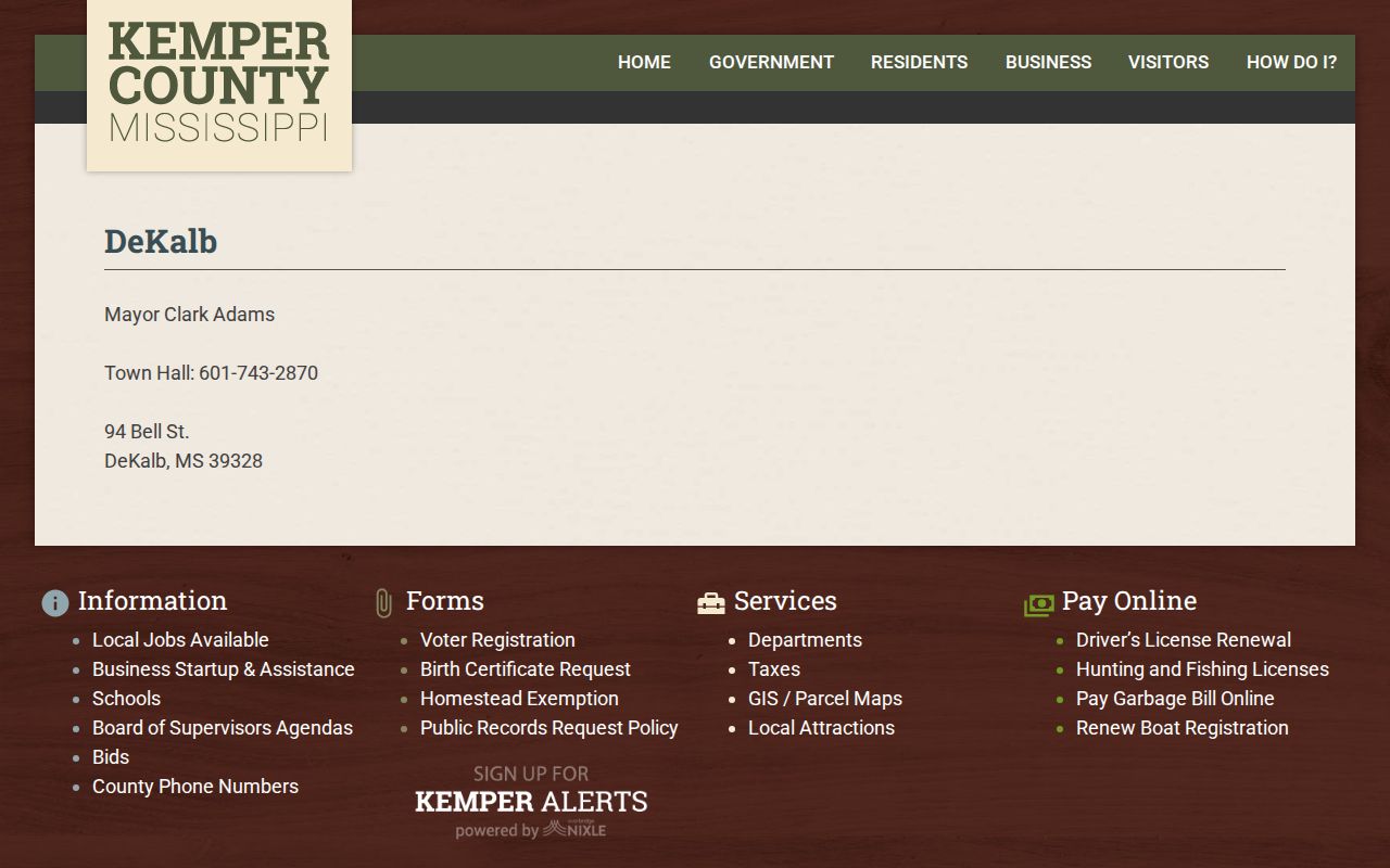 De Kalb arrest-record contact page in Kemper County, Mississippi