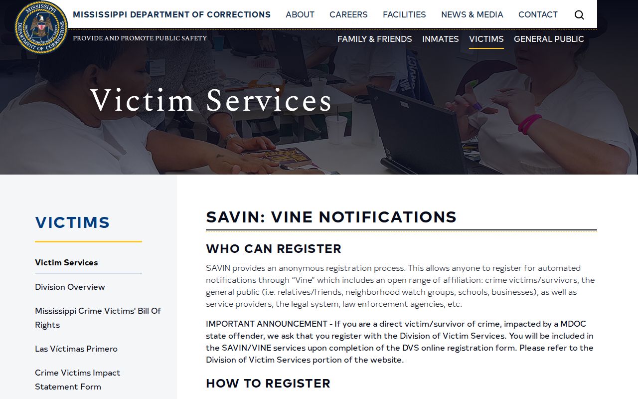 Mississippi SAVIN VINE custody notification page for Kemper County records