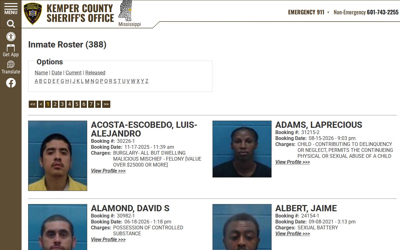 Kemper County booking roster sorting controls