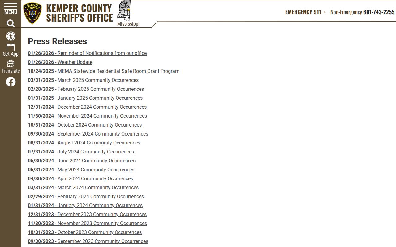 Kemper County Sheriff press-release archive for dated crime news records