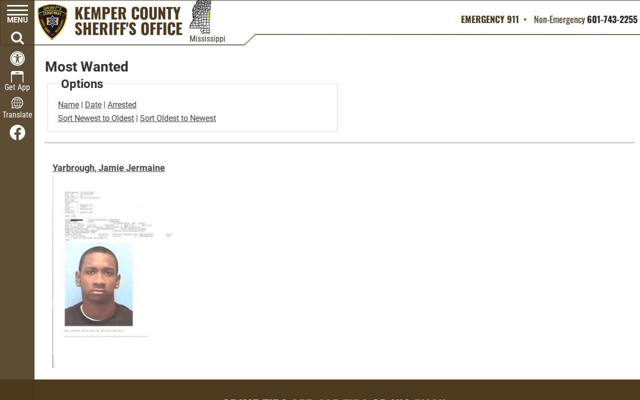 Kemper County official Most Wanted notice list interface