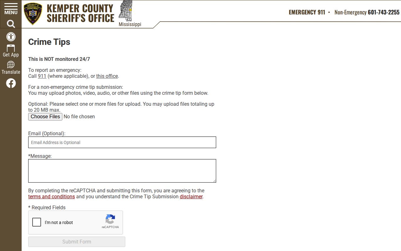 Kemper County Sheriff non-emergency crime-tip form for wanted information